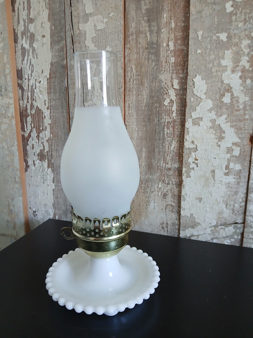 Milk Glass Oil Lamp with Frosted Chimney/Vintage Hobnail Electric Oil Lamp